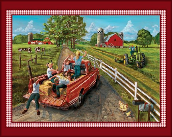 Hayride Farm Pick-up Truck Children Ride Barn 36×44″ Cotton Fabric Panel