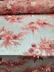 “Coral 3D Floral Embroidered Lace Fabric with Rhinestones and Beads – Sold by th