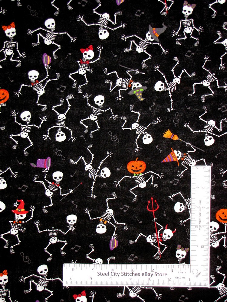Halloween Skeleton Bones in Costumes Black Cotton Fabric Traditions By The Yard