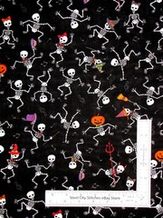 Halloween Skeleton Bones in Costumes Black Cotton Fabric Traditions By The Yard