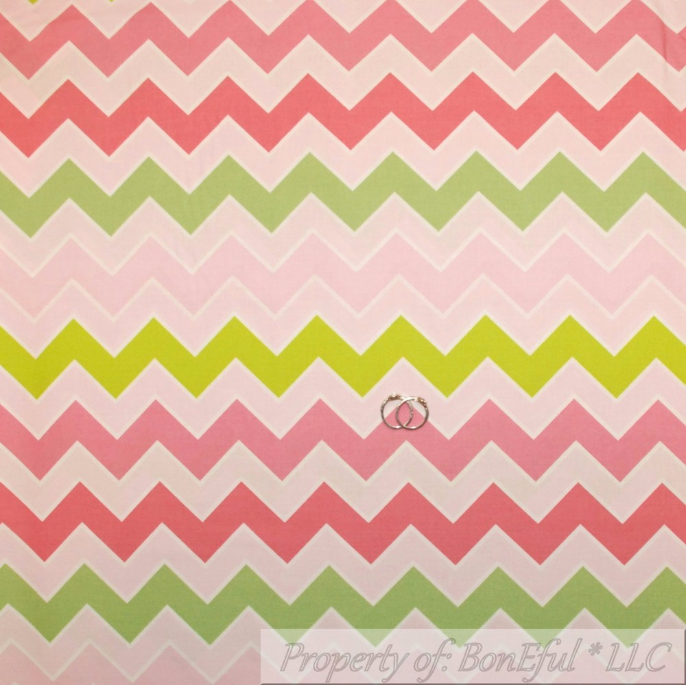 BonEful FABRIC FQ Cotton Quilt Pastel Pink White Green CHEVRON Girl Retro Stripe