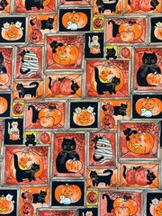 Vtg 90s Halloween Fabric Black Cat Pumpkin Box Grid Cotton by the HALF YARD