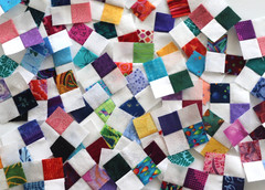 Lot of 10 cotton fabric 4-patch quilt squares 2.5″ blocks multicolor white