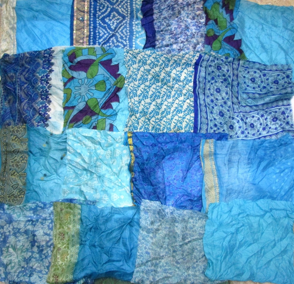 BB LOT PURE SILK Antique Vintage Sari Fabrics REMNANT 24 pcs 8″ SQUARES Aqua