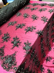 Black 3D Floral Lace Embroidered Rhinestones in a Mesh Lace Fabric By Yard