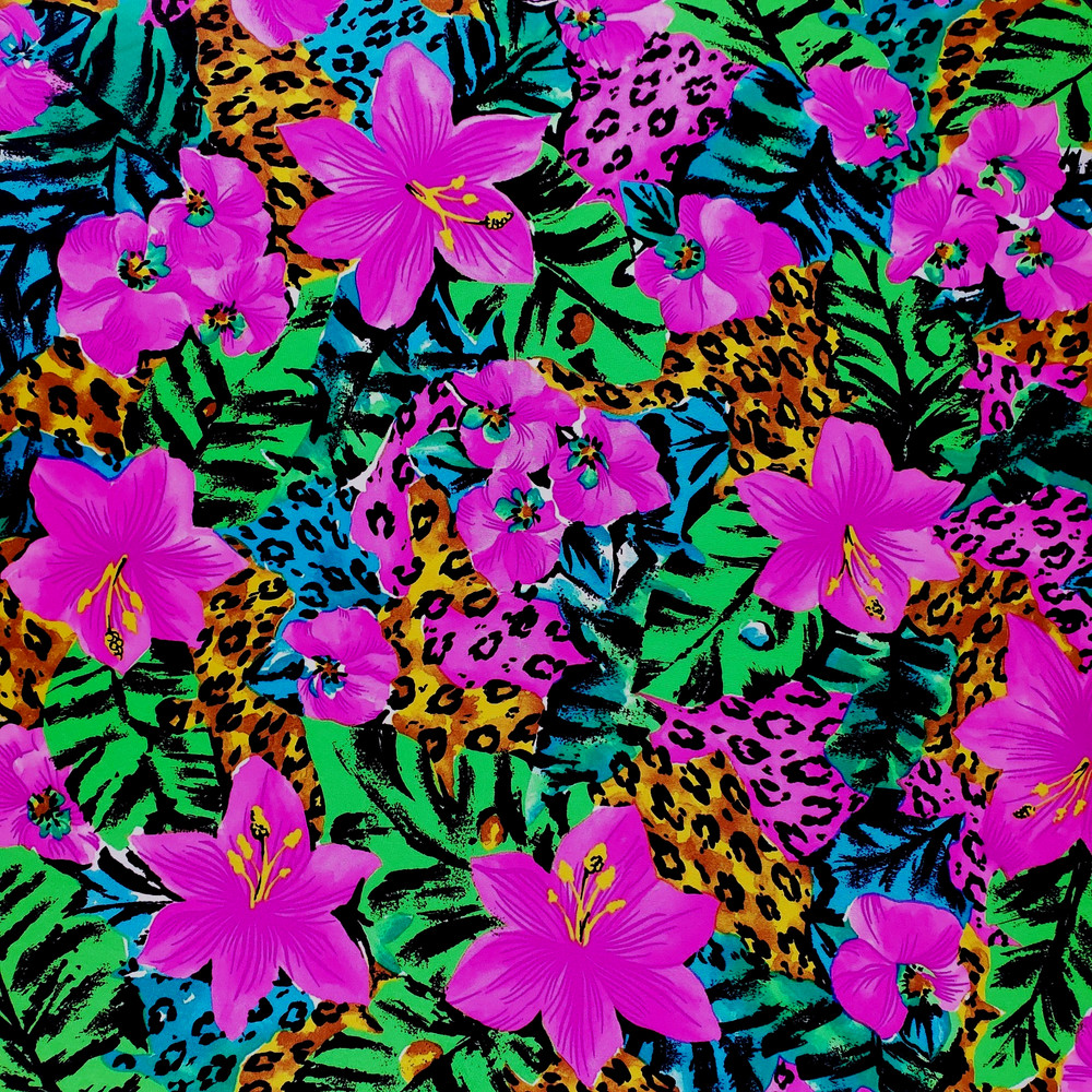 Vintage 80s Swimwear Lycra Fabric Neon Tropical Pink Missbrenner 66 x 57 Precut