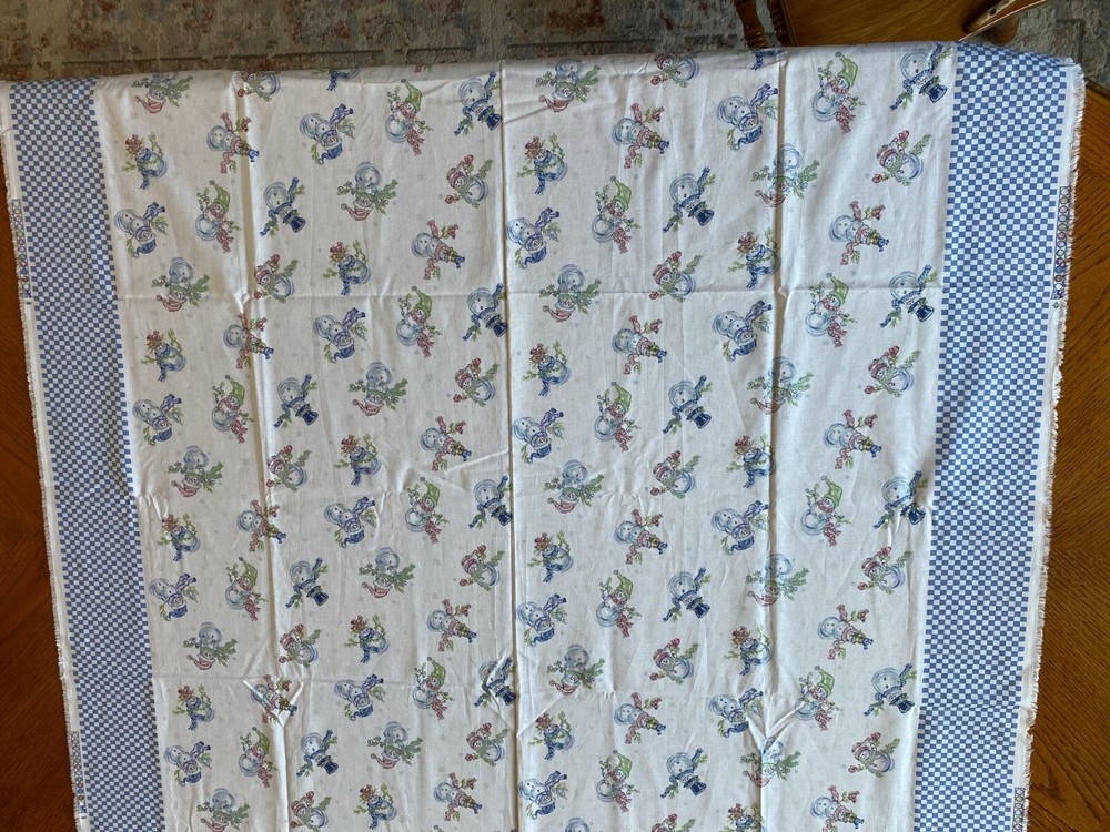 TAF FABRIC~Border Winter Snowmen~CHECKERED~Christmas~BLUE WHITE~Snowflakes~46×75