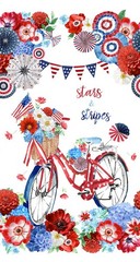 23″ Fabric Panel | Timeless Treasures Stars Stripes Patriotic Floral Bicycle