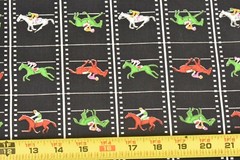 By 1/2 Yd, Red Green White Racehorses on Black Quilt Cotton, Goldinger, B1436