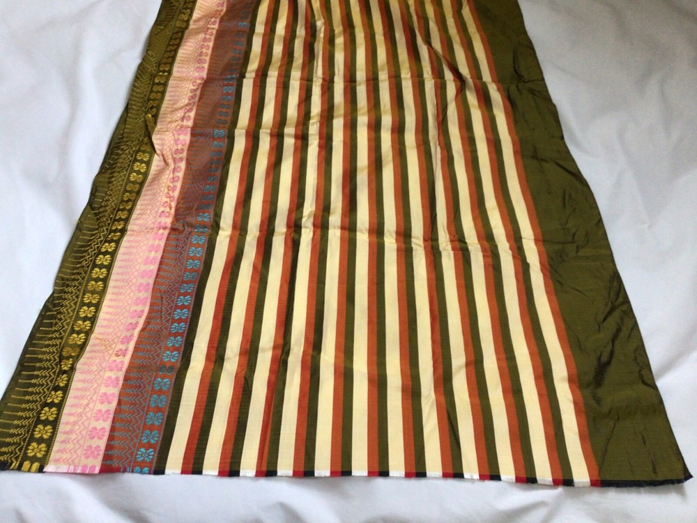 Vintage Thai Hand Woven Silk Multicolor Stripe w/Border 3.4 yrds x 35″ Wide