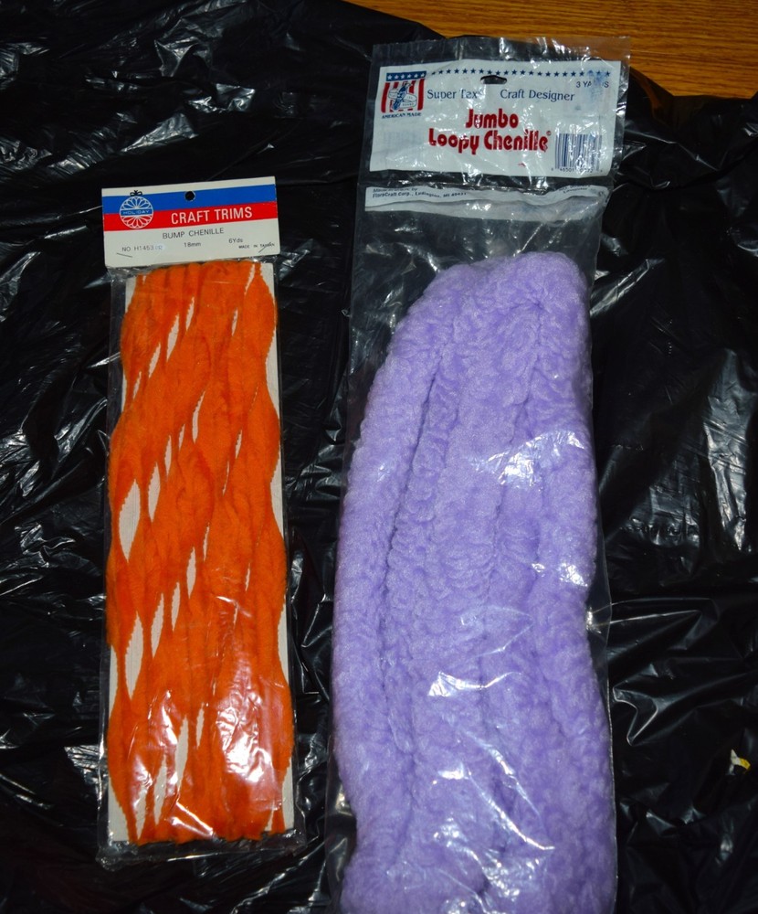 Vtg Super Tex Jumbo Loopy Chenille Lavander 3 Yrds No 903/072 & Orange Holidey