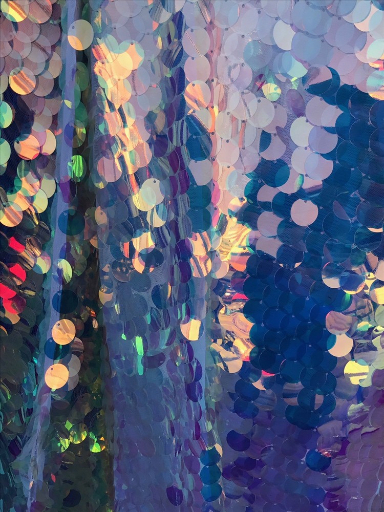 20mm Clear White Iridescent Dangled Sequins Fabric Sold by yard -on Mesh Base