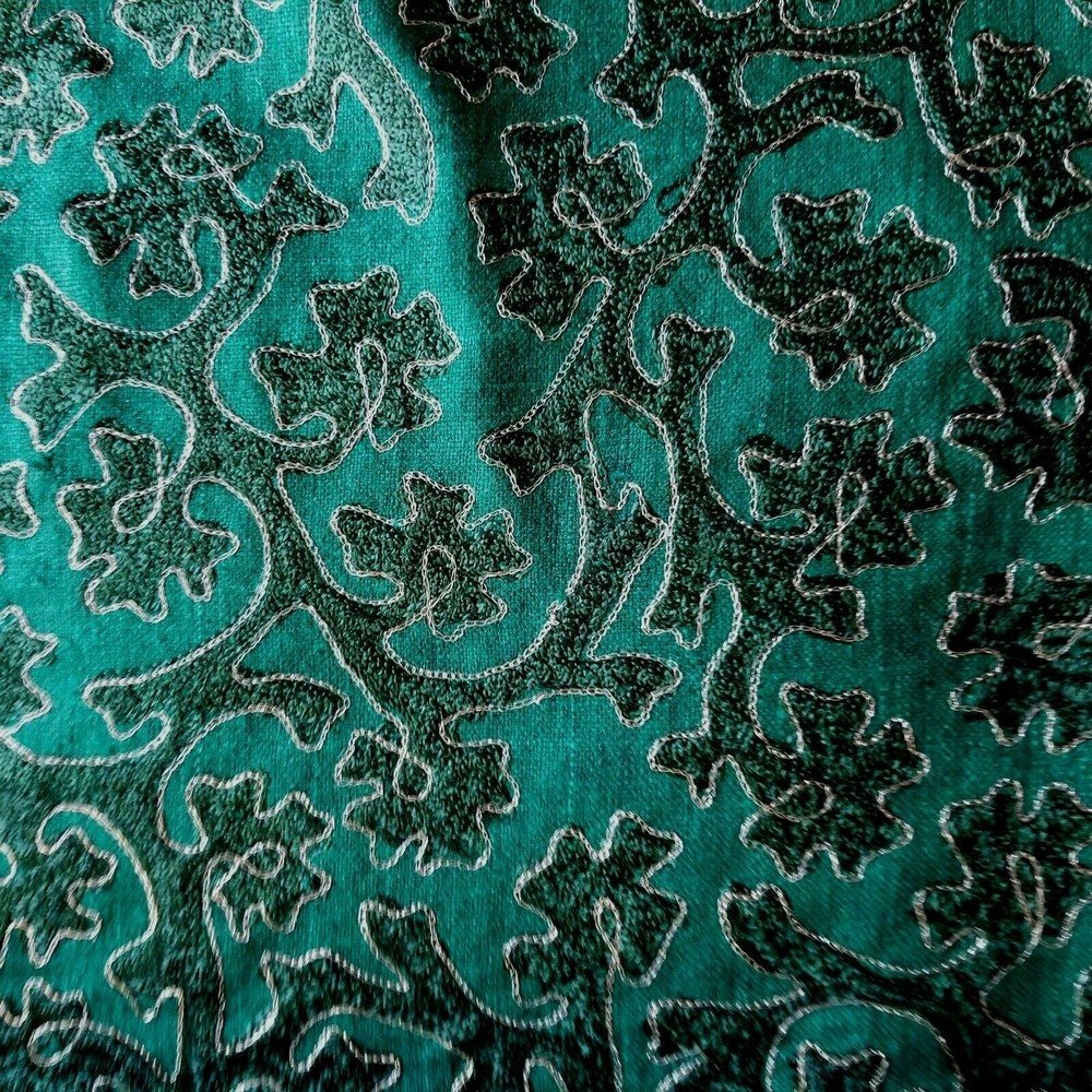 Deep Emerald Green Embroidered Raw Silk Suiting Edged w/ Metallic Gold