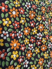 VTG 70s Orange Red Green White on Black Ditsy Florals COTTON FABRIC quilt dolly