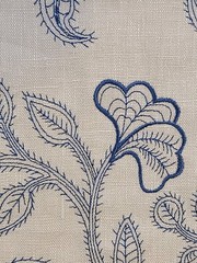 G P & J Baker Fabric Sample Blue Tan 100% Linen 20 1/2″ X 20 1/2″ Embroidered