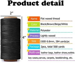 568 Yards 2 PCS 150D 0.8mm Waxed Thread for Leather Sewing, Leather Thread for H
