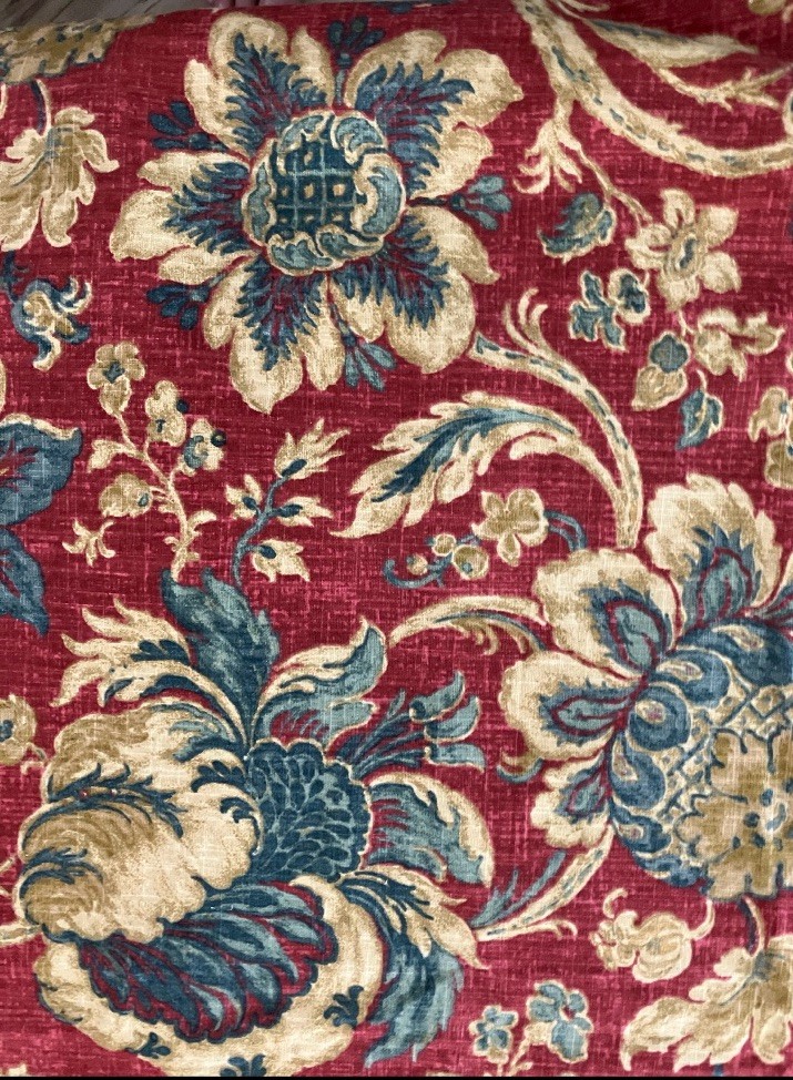 WAVERLY JACOBEAN FLORAL DRAPERY FABRIC , Brick Red, Teal And Khaki 9yds X 54”