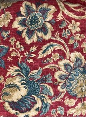 WAVERLY JACOBEAN FLORAL DRAPERY FABRIC , Brick Red, Teal And Khaki 9yds X 54”