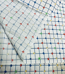 VTG Yellow Red Green Florals on Squares of Blue on White 44″ X 20″