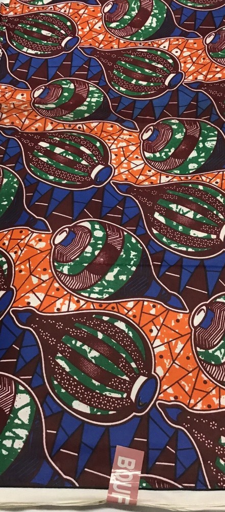 African Print Fabric, Blue, Orange, Green, Brown, Genie Bottles, Perfume Bottles