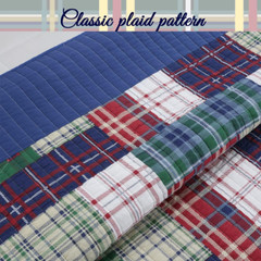 Navy Blue Green Red Plaid 100% Cotton Quilt Bedding Set, Reversible Coverlet, Be