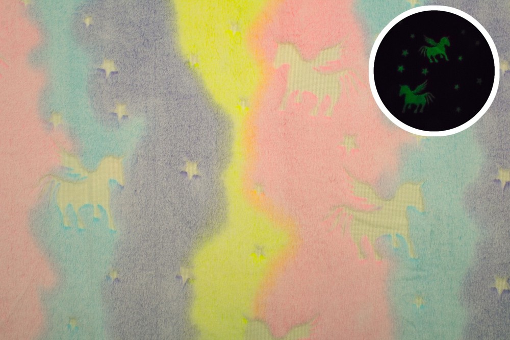 Peluche Minky stampate, brillando nel buio, Pegaso su neon 50 x 158 cm