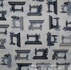 BonEful FABRIC FQ Cotton Quilt White Black VTG Antique Old World Sewing Machine