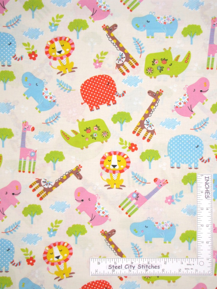 Animal Toss Giraffe Hippo Elephant Lion Baby Fabric By Yard Cotton by Santee