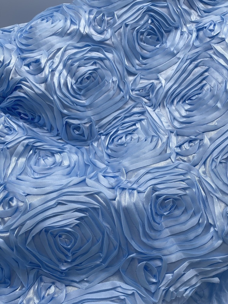 3D Rose Rosette embroidery Satin Fabric by the Yard Baby Blue Color