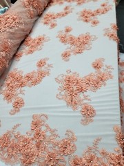 Peach Floral 3D Beaded French Embroidered Handmade Mesh 3D Lace Fabric By Yard