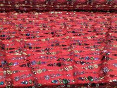 Fabric Sold By The Yard Red Beaded Lace Sequin Floral Embroidery Mesh For Dress