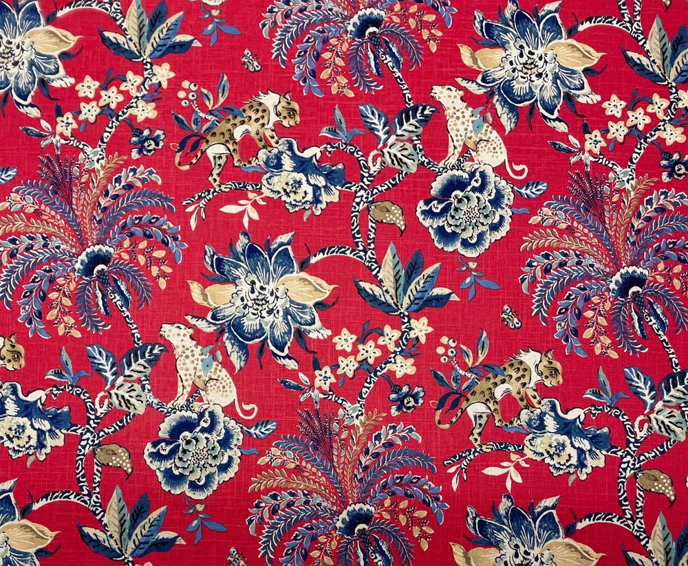 WILLIAMSBURG BRAGANZA POPPY RED JUNGLE CATS LEOPARD LINEN FABRIC 2.75 YARD 54″W
