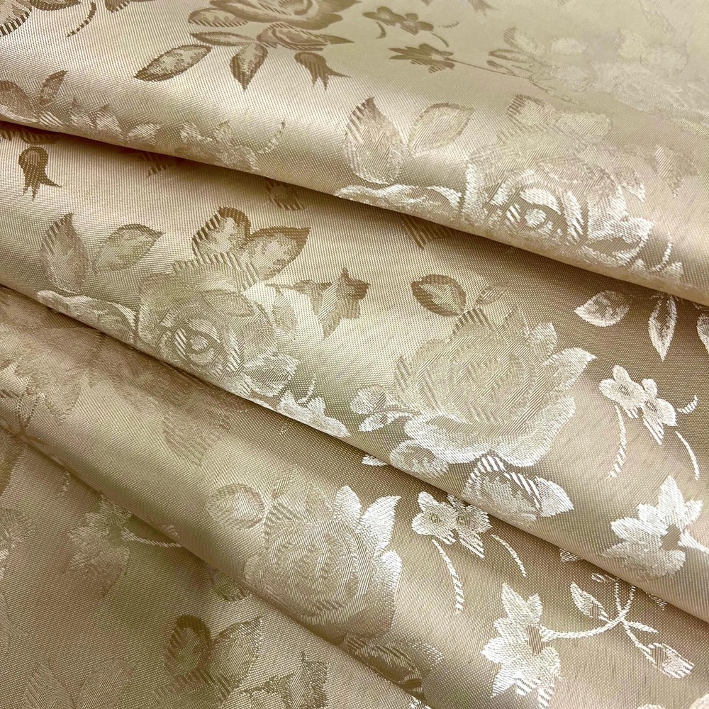 Kayla BEIGE Polyester Floral Jacquard Satin Fabric by the Yard for Clothes, Cos