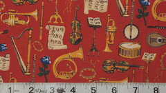 vintage 1995 Classic cottons 100% cotton fabric red with musical instruments 2yd