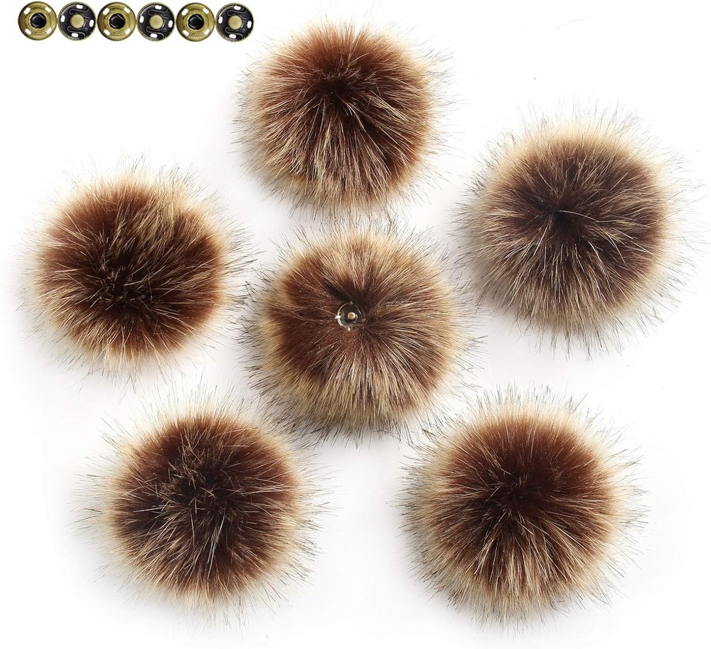 6 Brown Faux Fox Fur Pom Poms Detachable for Hats with Snap 4.3″ Round