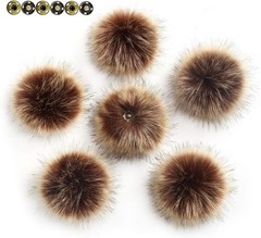 6 Brown Faux Fox Fur Pom Poms Detachable for Hats with Snap 4.3″ Round