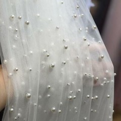 Beaded Pearls Mesh Tulle Lace Fabric DIY Wedding Bridal Dress 59″ Wide By 1 Yard