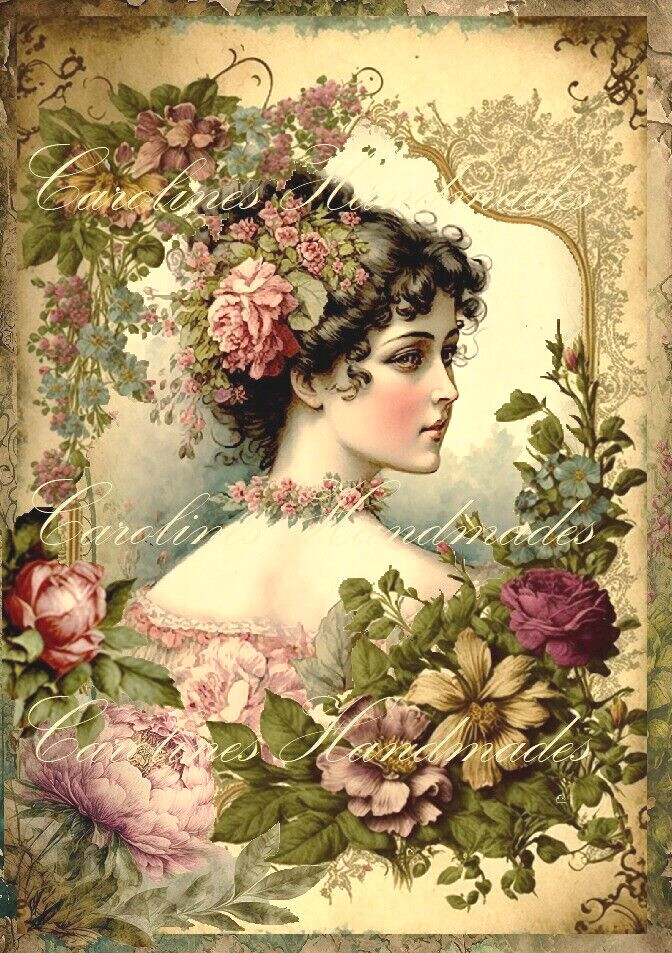 Vintage Victorian Lady Floral Reproduction Cotton Fabric Quilt Block Multi-Size