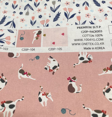 HTF Rare Onetex Korea 3 in 1 Cotton Quilt Fabric FQ’s – Pink Cats, Flowers Heart