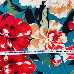Cranston Cotton Fabric Remnant 1.5 Yards x 58″ Wide Red Orange Floral On Teal