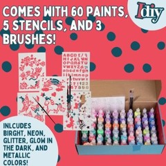 60 Vibrant Fabric Paints Set with Brushes and Stencils