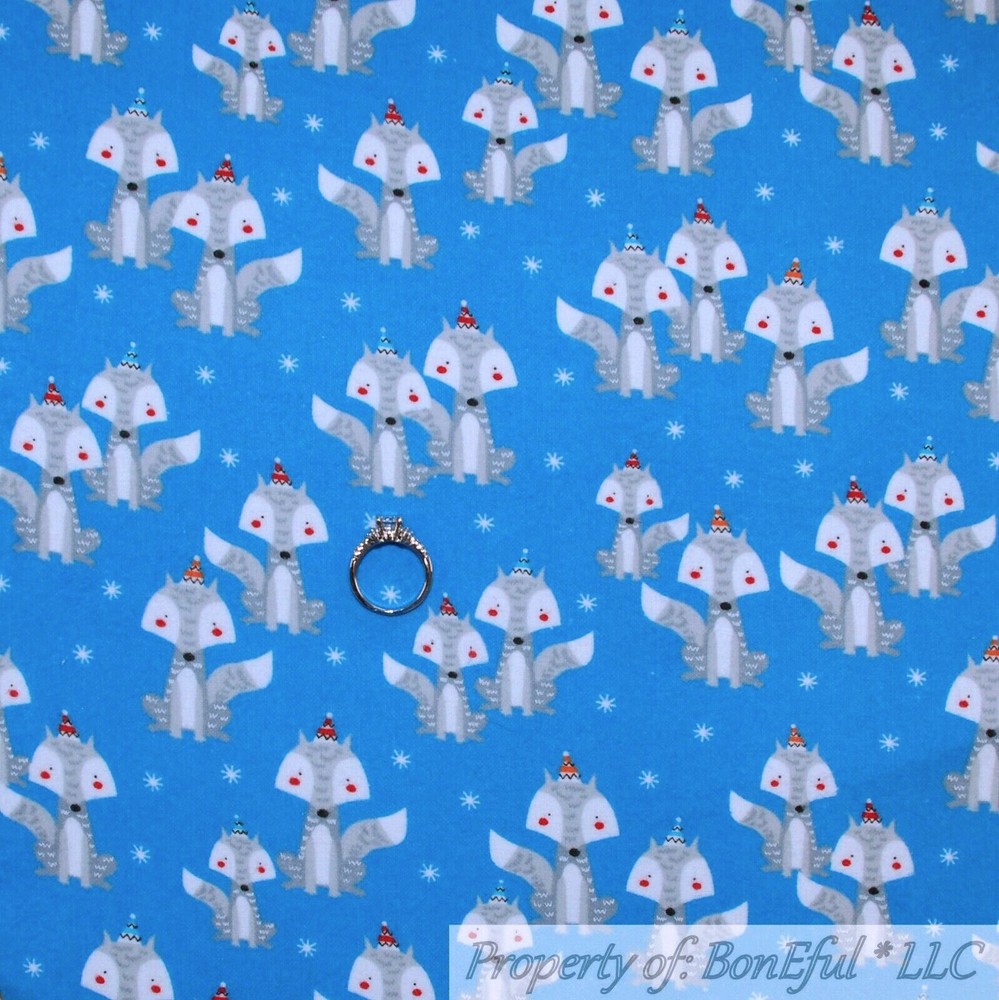 BonEful Fabric FQ Cotton Flannel Quilt Blue White Fox Winter Baby Animal Scenic