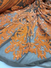 Orange Sequin Embroidered Lace Brown Stretch Mesh Fabric by the Yard For Dress