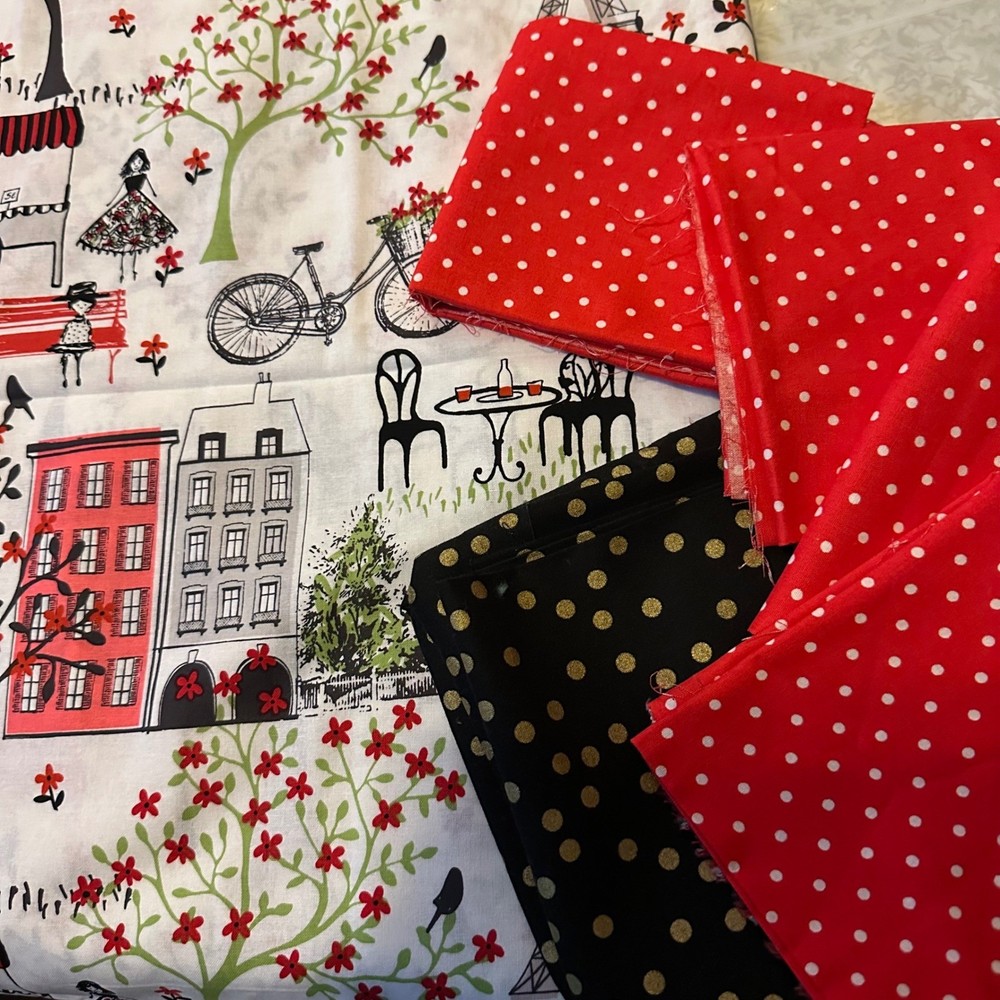 Waverly Emma Mila Paris Fabric Bundle Red Polka Dot Black Gold Confetti 3 Yards