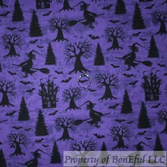 BonEFul FQ Cotton Quilt Purple Black Bat Witch Dark Night Halloween Scenic Tree