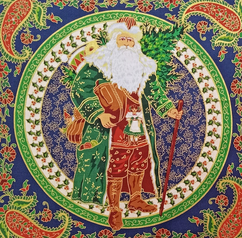 Santa w/Walking Stick,Toys,Tree”~Gold Accent Outline~Cotton Fabric~ 13.5″x13.75″