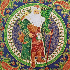 Santa w/Walking Stick,Toys,Tree”~Gold Accent Outline~Cotton Fabric~ 13.5″x13.75″