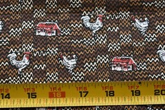 By 1/2 Yd, Vintage, Red & Cream Roosters & Barns on Brown Quilt Cotton, B1207