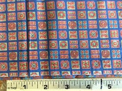 BLUE RAYON W/ SQUARES OF LIGHT BLUE & BEIGE W/ BRICK RED DESIGNS-BY THE YARD