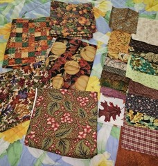 Lot Of 5 Pieces Of Mixed Patterns Fall Themed Cotton Fabric & 70 X 6.5″ Squares